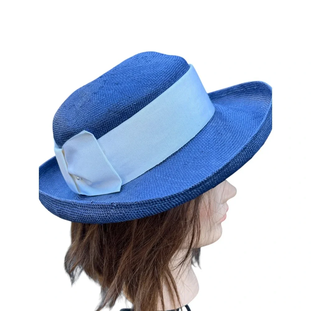 Vintage Royal Blue Straw Sun Hat with Light Blue Grosgrain Ribbon Bow Accent